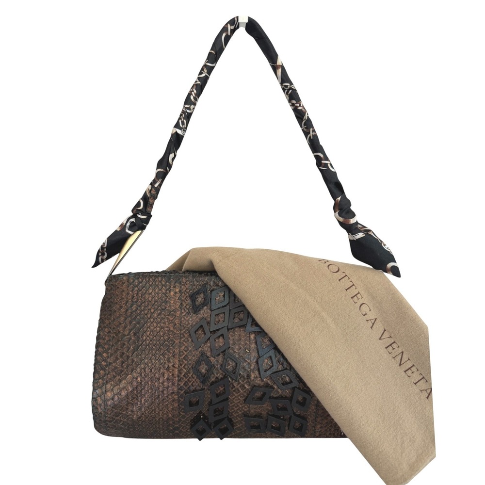 Vintage Bottega Veneta Python Shoulder Bag Metallic Bronze Exotic Leather Italy - Picture 15 of 15